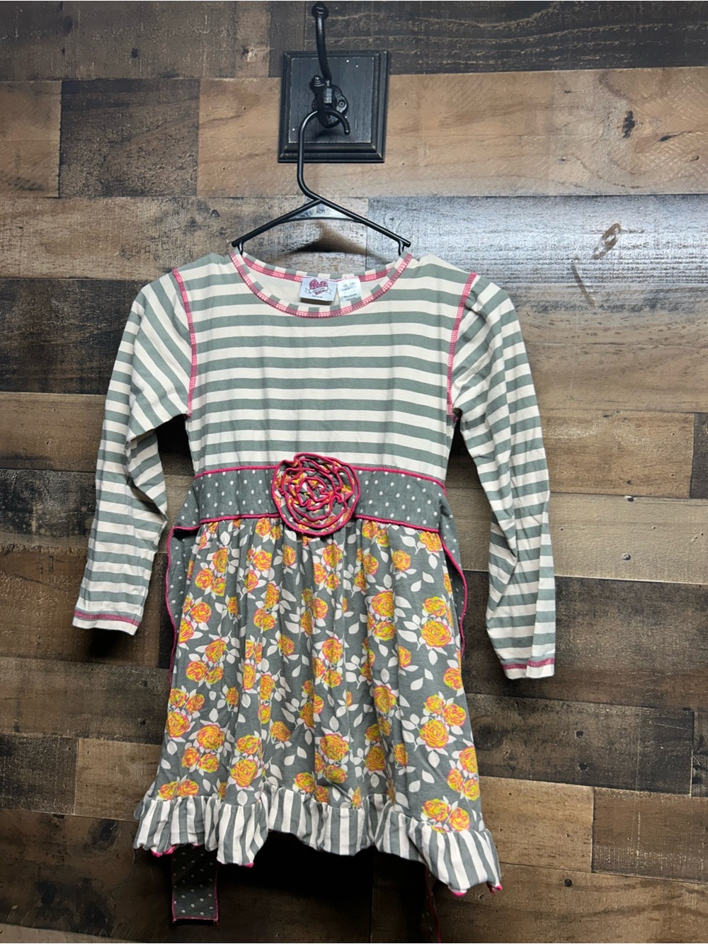 Ann Loren Gray, Cream & Yellow Floral Striped Dress with Pink Trim